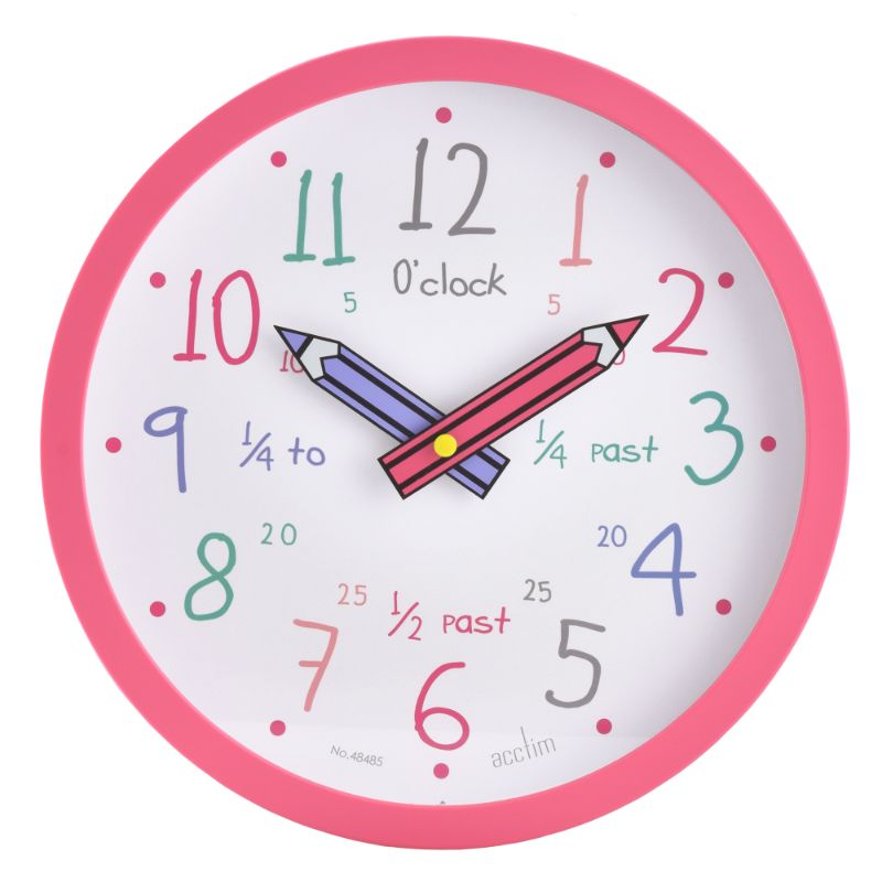 Bright pink wall clock for kids featuring playful pencil hands and 5-minute markers, perfect for learning to tell time.
