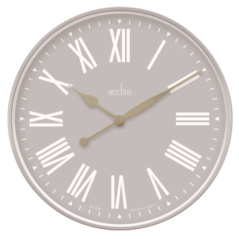 Stylish taupe wall clock with quartz movement, brass hands, and unique round design, perfect for any modern decor.
