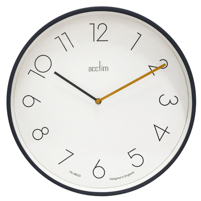 Acctim Kista Volcano Blue wall clock, 40cm, features offset numbers, vibrant blue color, and Dijon yellow second hand.