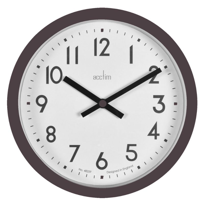 Sleek 20cm Acctim Elstow wall clock in soot black, featuring a retro design, glass lens, and quartz movement.