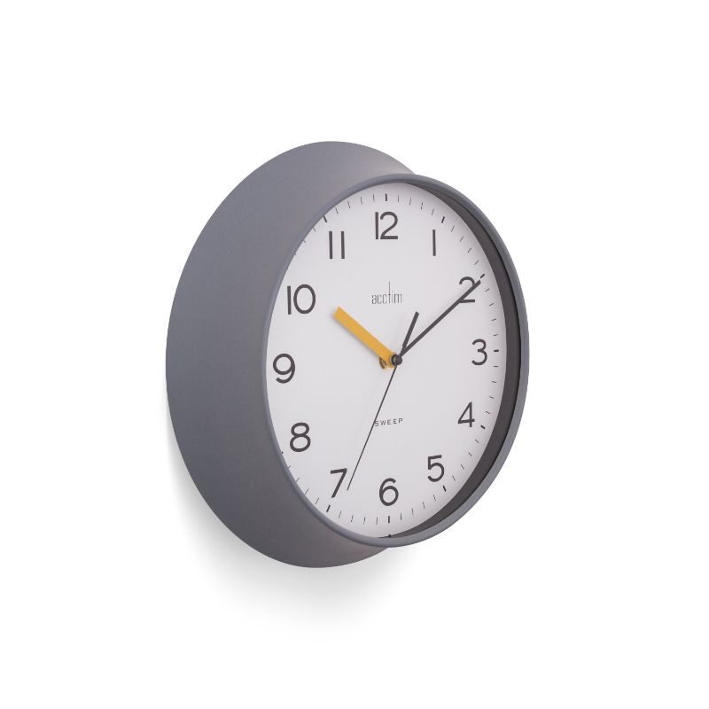 Elegant Acctim Rhea Wall Clock in Pigeon Grey, 29cm, featuring bold numbers and a pastel-painted case, perfect for any decor.