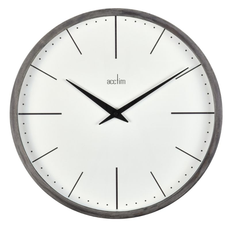 Modern 42cm grey wood wall clock with minimalist design and protective glass lens for elegant home or office decor.