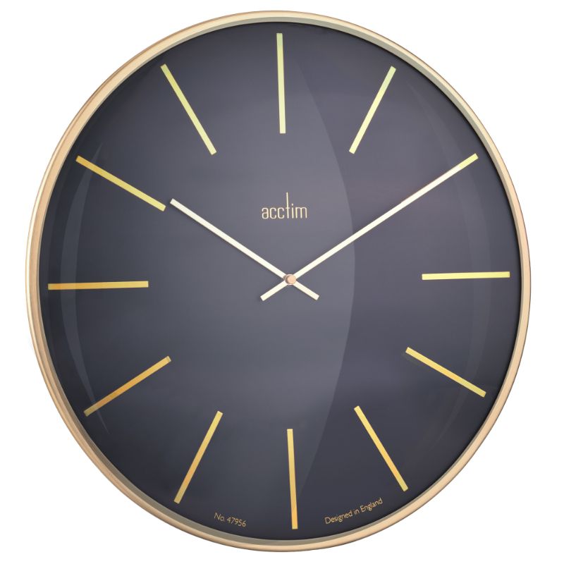 Acctim Luxe Domed Wall Clock with brass frame, black face, and gold batons, combining elegance and functionality.