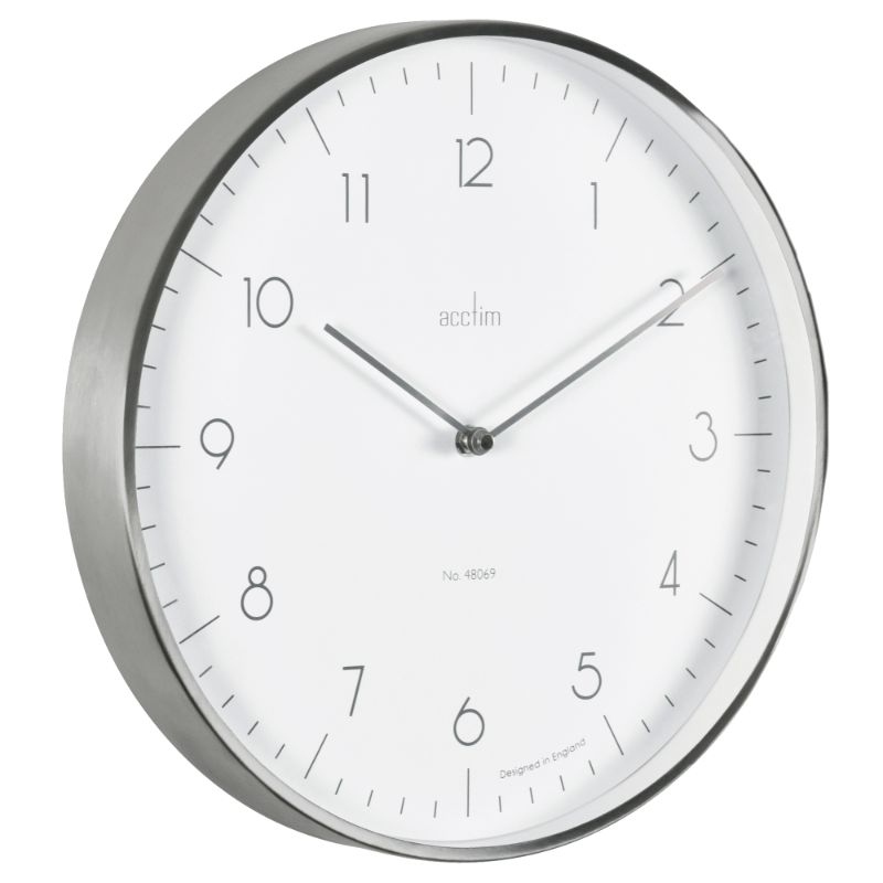 Elegant Acctim Madison wall clock with a white face, foil embossed numbers, and brushed metal case, perfect for modern decor.