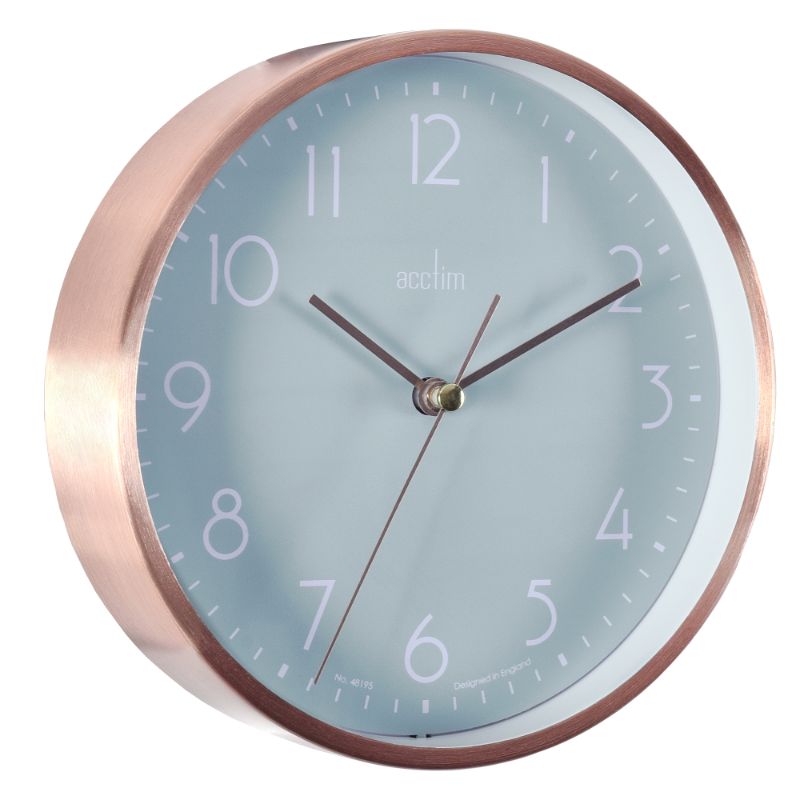 Stylish copper and green metal wall/desk clock with brushed case, easy-to-read dial, and integrated stand, 15cm diameter.