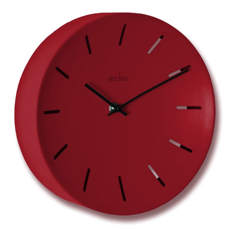 Acctim Majken Open Dial Wall Clock in Flaming Hot Red, 25cm, with sleek metal case and elegant baton markers.