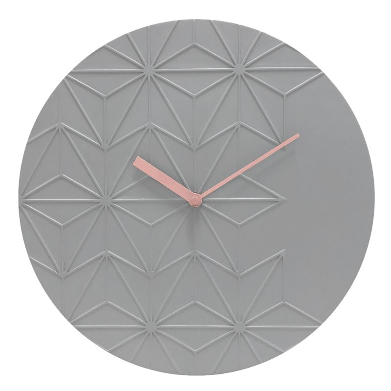 Contemporary 30cm grey resin wall clock with geometric patterns and open-dial hands, perfect for stylish home decor.
