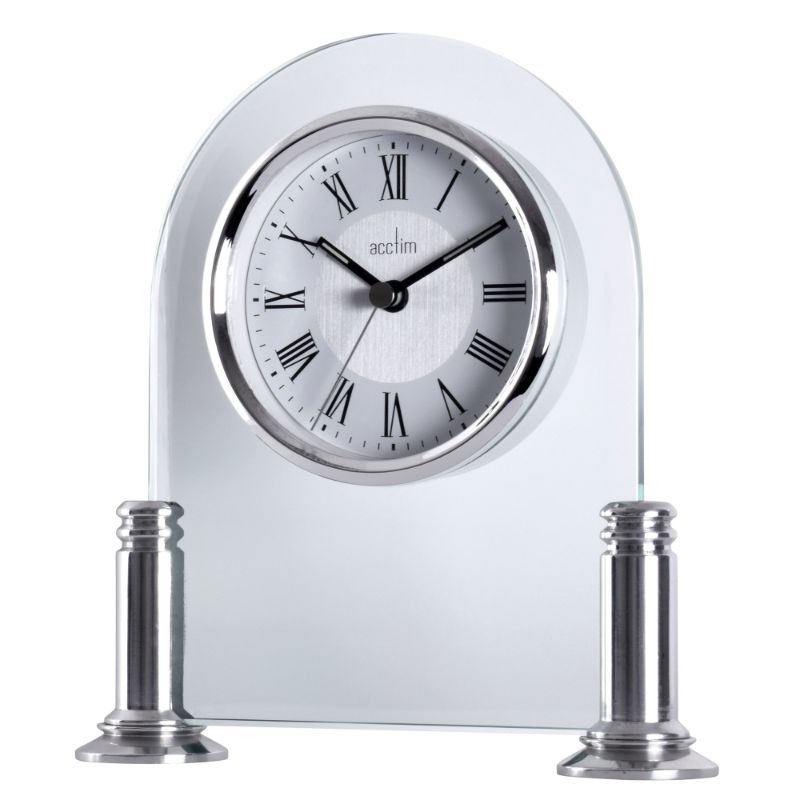 Acctim Bewdley Silver Mantel Clock, elegant glass arch, polished silver pillars, luminous hands, efficient battery usage.