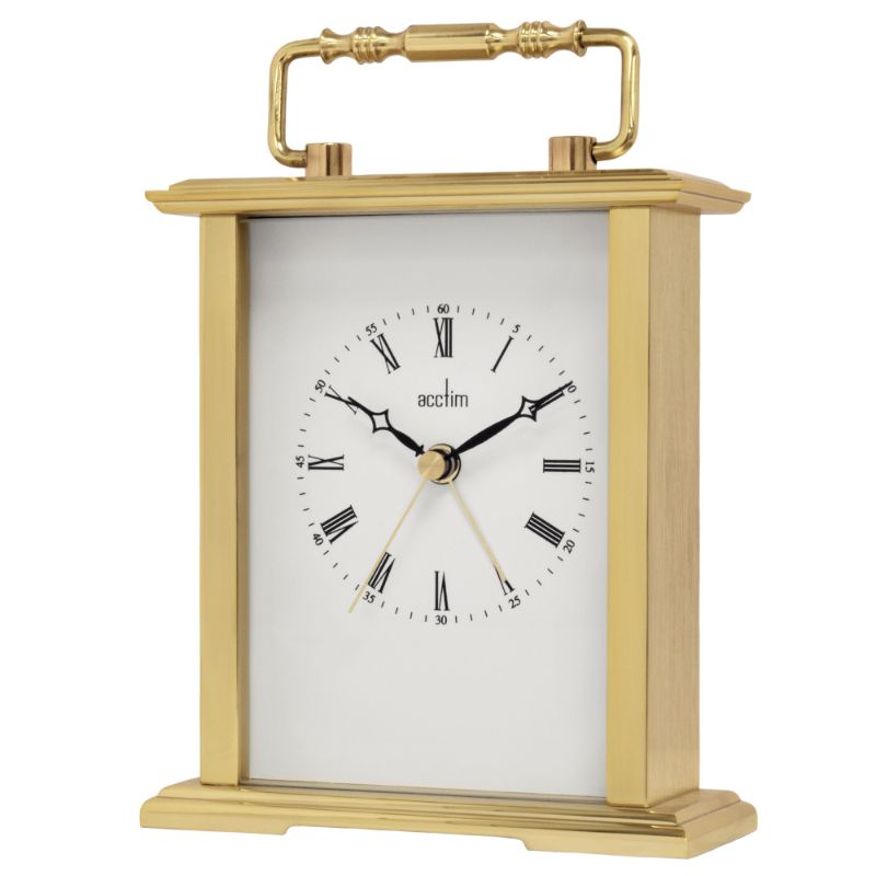 Elegant Acctim Gainsborough gold carriage clock with Roman dial and alarm function, perfect for sophisticated interiors.