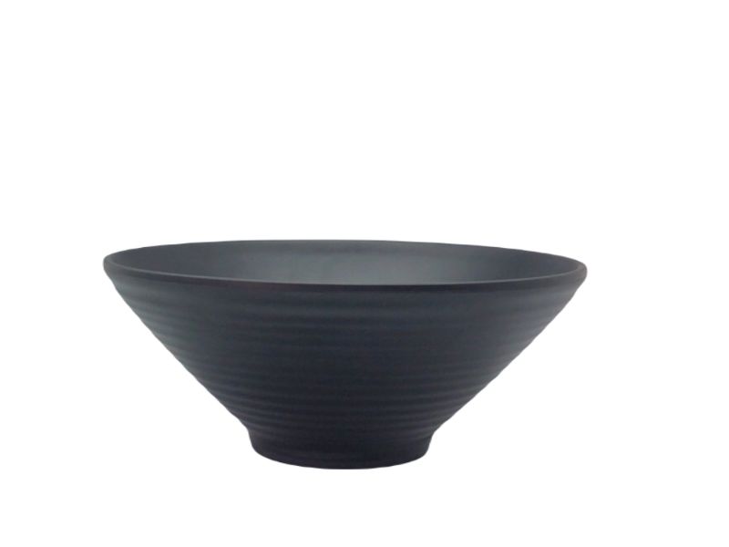 Set of 6 matte black organic melamine bowls, 20cm each, stylish and durable for indoor and outdoor dining.