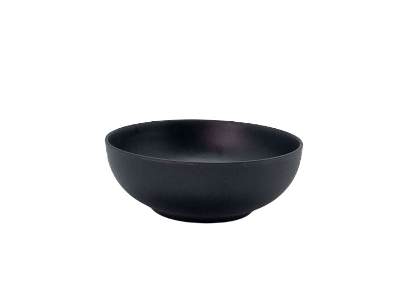 Set of 6 matte black 14cm round melamine bowls, durable, heat-resistant, dishwasher safe, ideal for stylish dining.