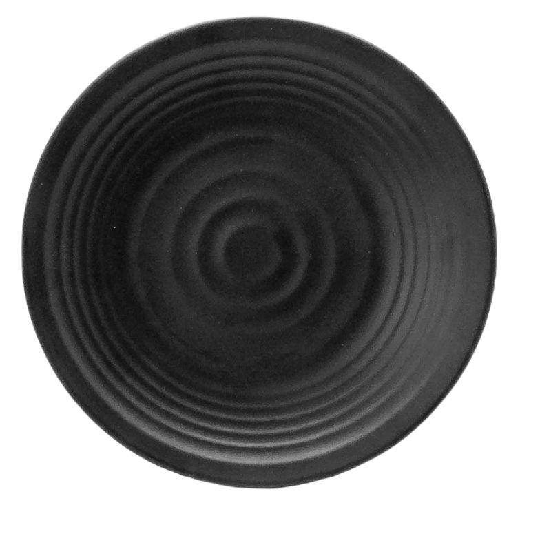 Set of 6 matte black 28cm round plates, durable melamine ideal for stylish dining and dishwasher safe.