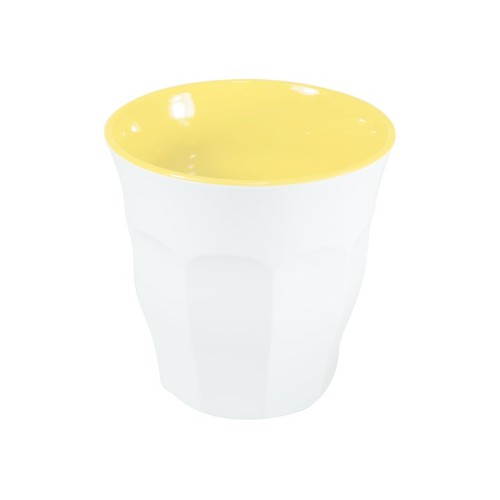 Set of 6 vibrant Jab Sorbet espresso cups in lemon and white, durable melamine, perfect for indoor and outdoor use.