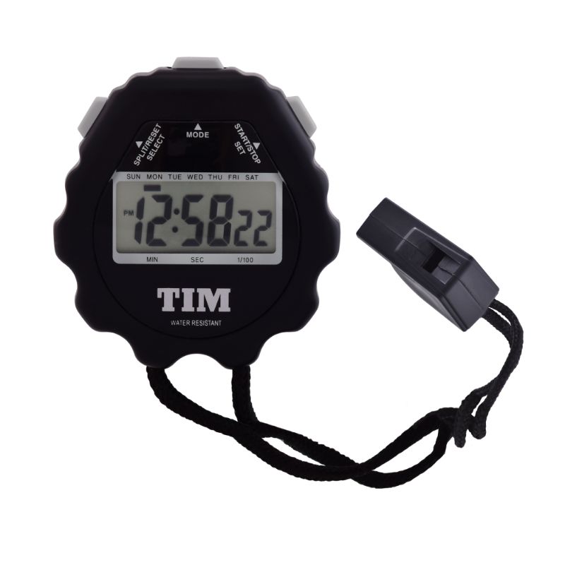Acctim Olympus digital stopwatch in black featuring LCD display, split timing, and hourly chime for precise timekeeping.
