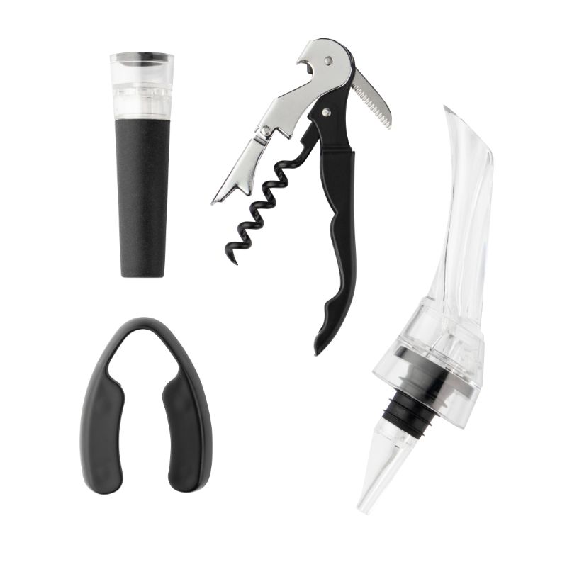 4 Piece Taylors Wine Serving Set includes foil cutter, corkscrew, aerating pourer, and vacuum stopper for an elevated wine experience.