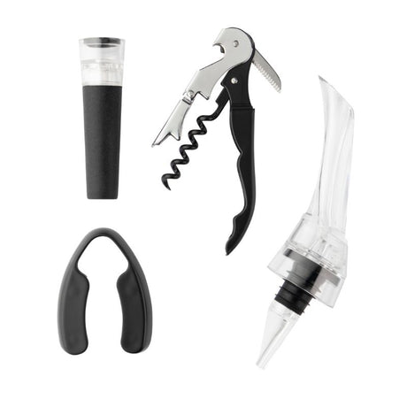 4 Piece Taylors Wine Serving Set includes foil cutter, corkscrew, aerating pourer, and vacuum stopper for an elevated wine experience.