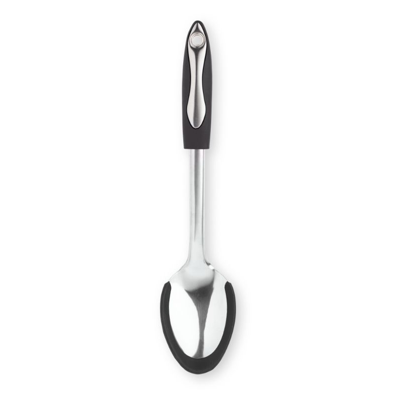 Durable 35cm stainless steel serving spoon with a nonscratch silicone edge for easy serving.