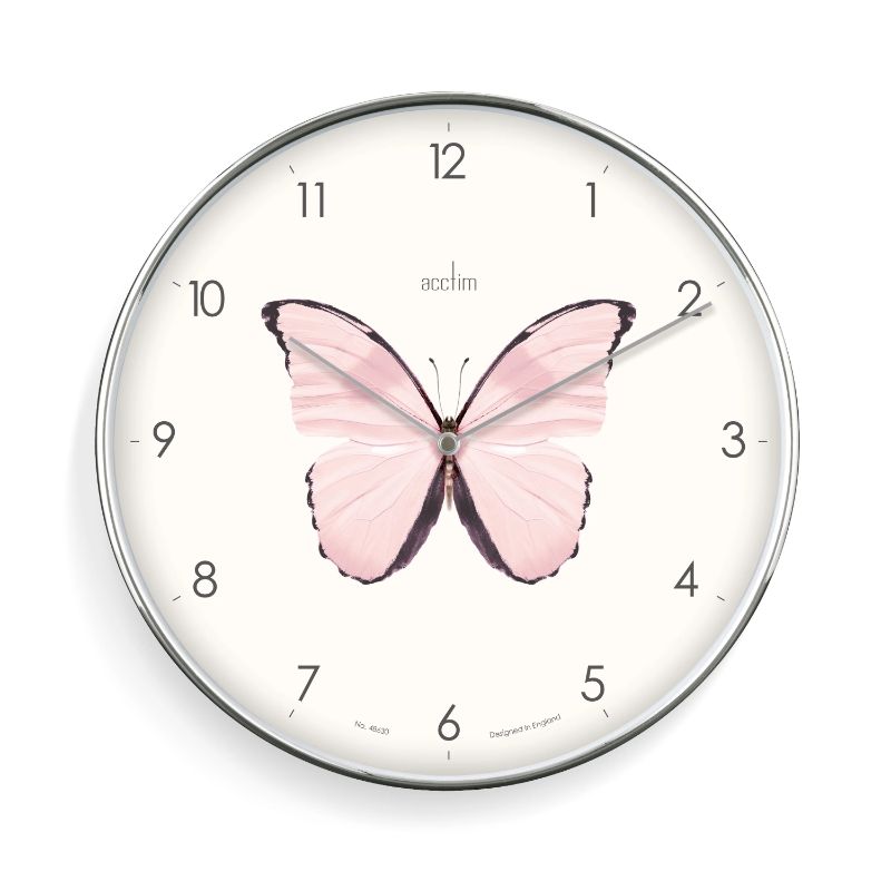 Elegant 30cm wall clock with chromed frame and butterfly illustrations, perfect for modern or traditional decor.