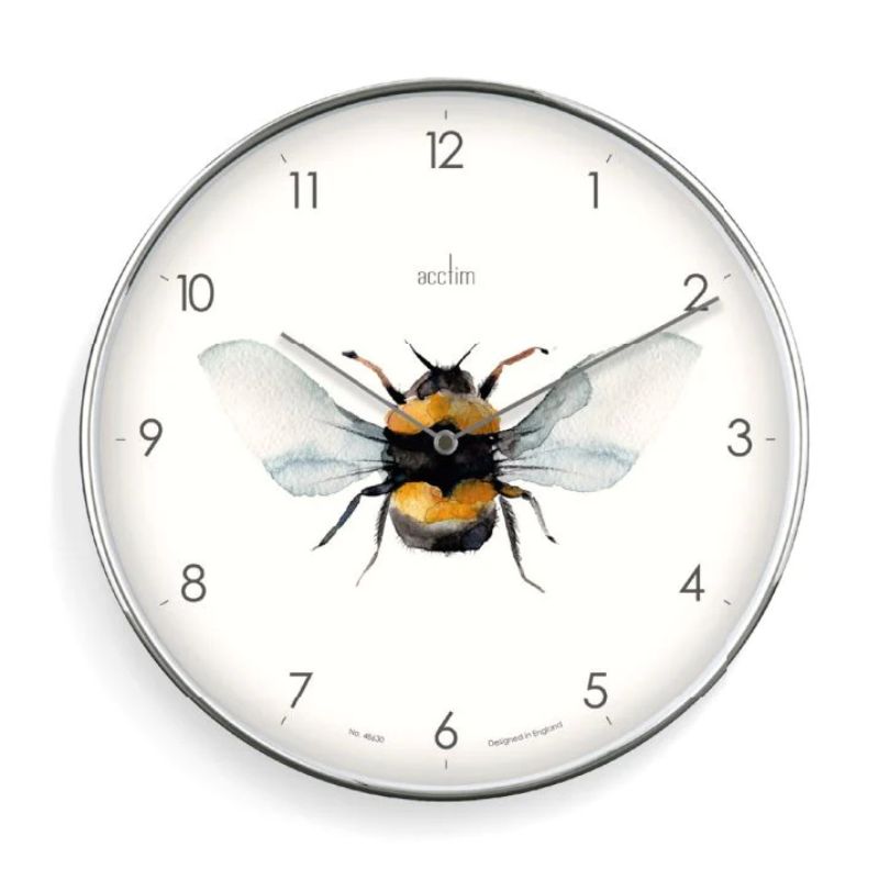 Acctim Society Bee Wall Clock featuring a chromed frame, embossed dial, and bee illustrations, perfect for home decor.