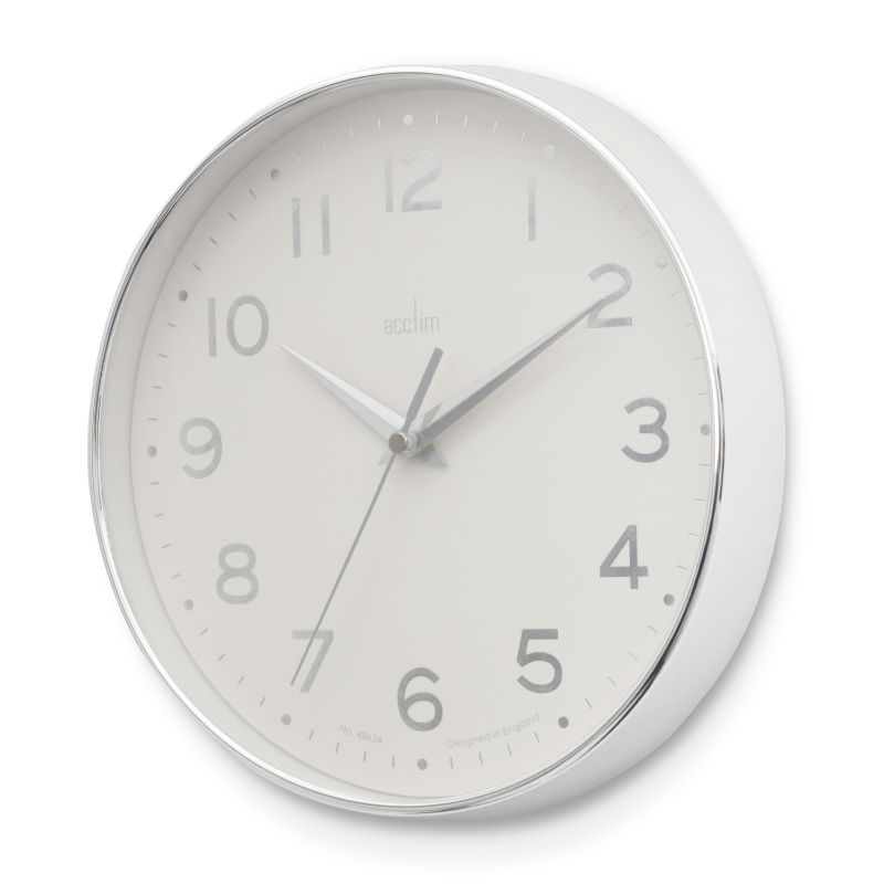 Acctim Rand Chrome/White Wall Clock, 20cm, features a sleek chrome frame, minimalist white dial, and debossed foil numbers.