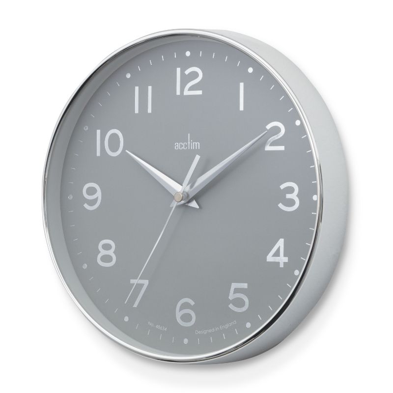 Elegant Acctim Rand Chrome/Grey Wall Clock with 20cm diameter, foil embossed dial, and silver scissor hands.
