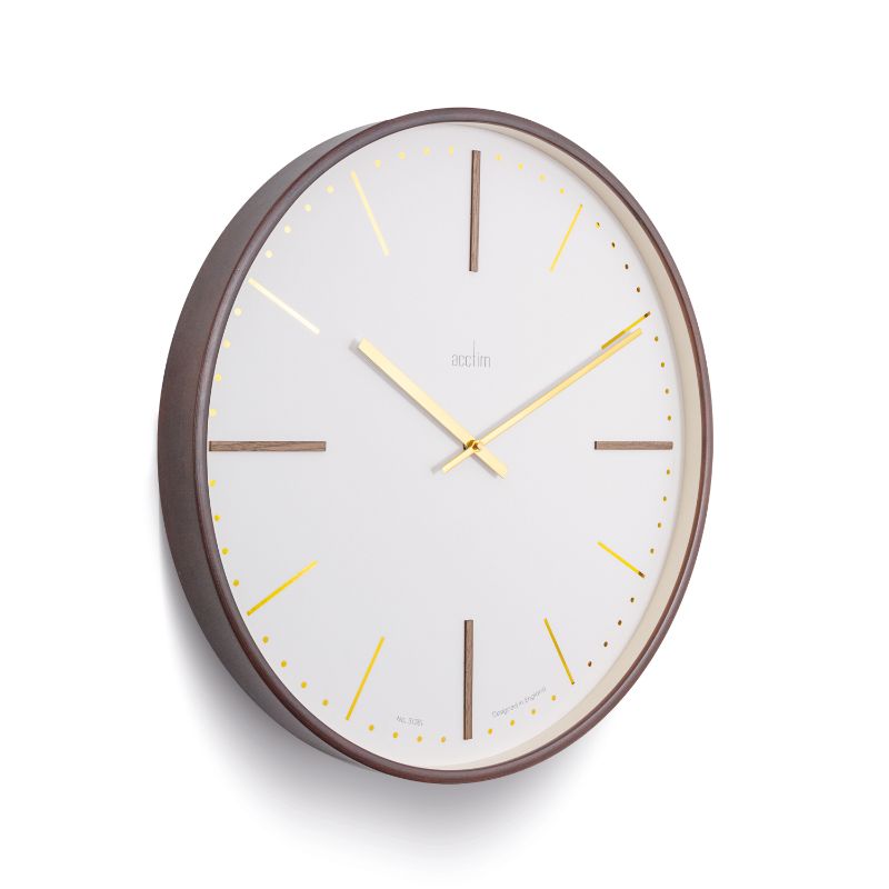 Elegant Acctim Knoll Dark Wood Wall Clock (53cm) featuring a minimalist dial, bent wood case, and gold foil details.