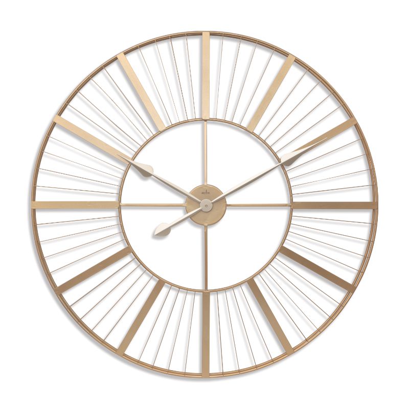 Gold indoor/outdoor wall clock, 80cm, with sunray batons and weather-resistant movement for stylish timekeeping.