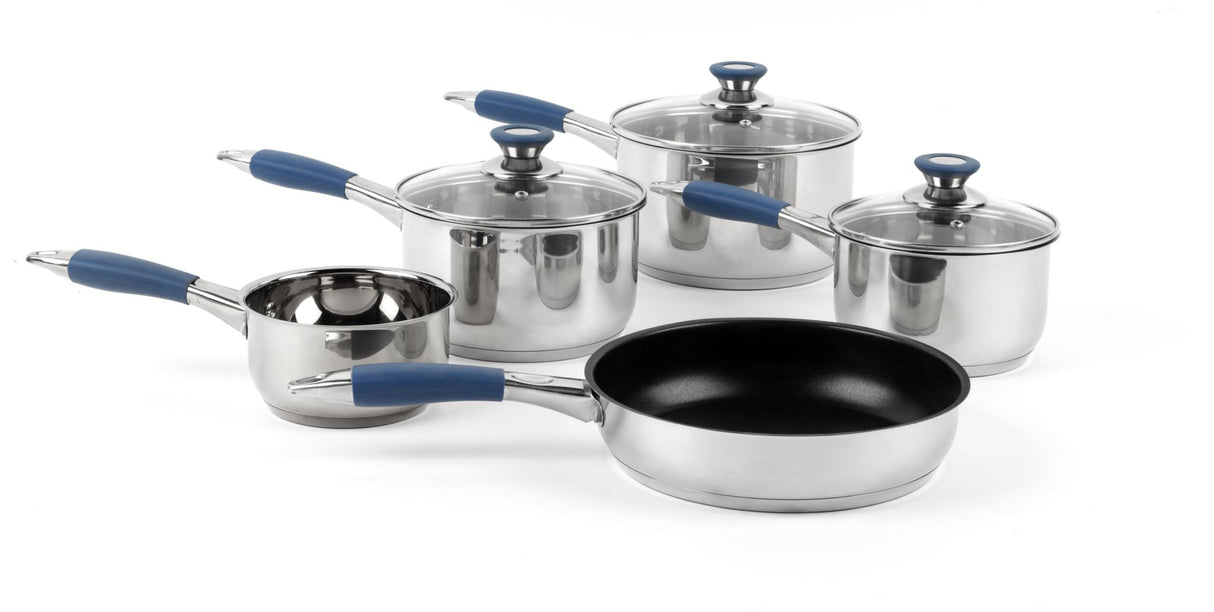 Russell Hobbs Opulence 5pc Pan Set featuring stainless steel with silicone grip handles and tempered glass lids for versatile cooking.