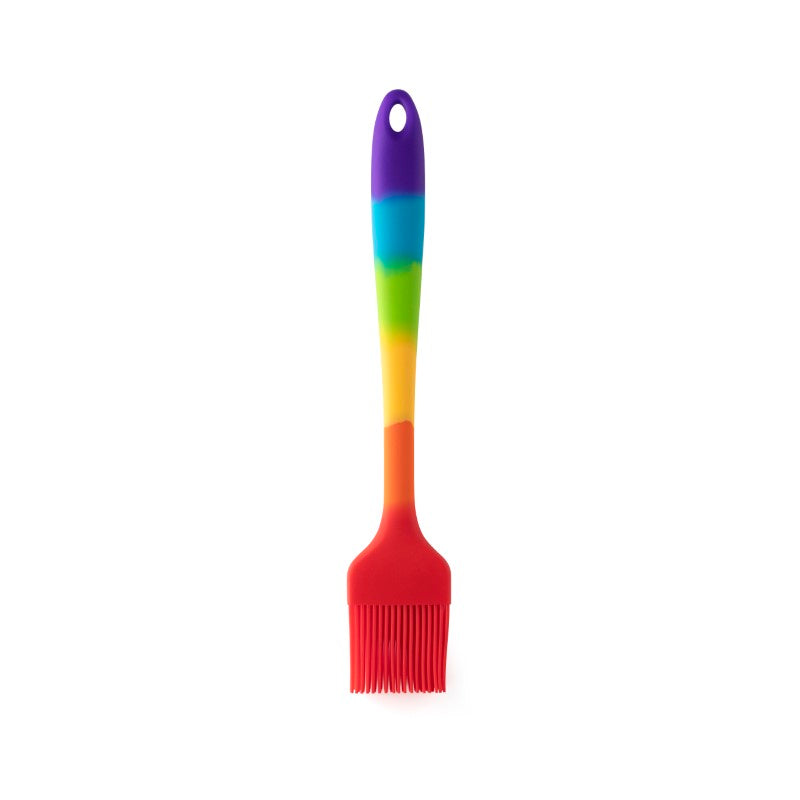 Large Silicone Brush in vibrant rainbow colors, 10 inches long, heat resistant, ideal for basting, and dishwasher safe.