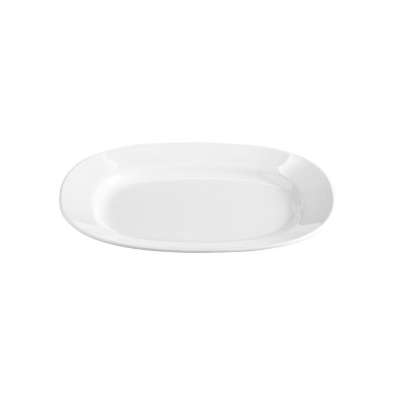 Elegant 36cm white oval platter made of durable melamine, perfect for serving hot dishes indoors or outdoors.