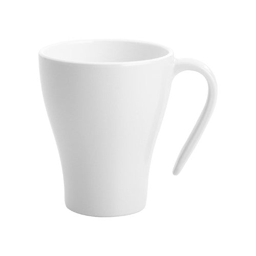 Set of 6 stackable white mugs, durable melamine, 350ml capacity, elegant design, perfect for indoor and outdoor use.