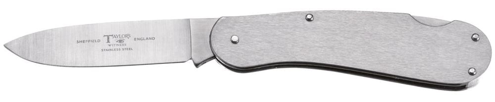 Taylors 105cm stainless steel locking knife with a 67mm drop point blade for precision cutting and safe handling.