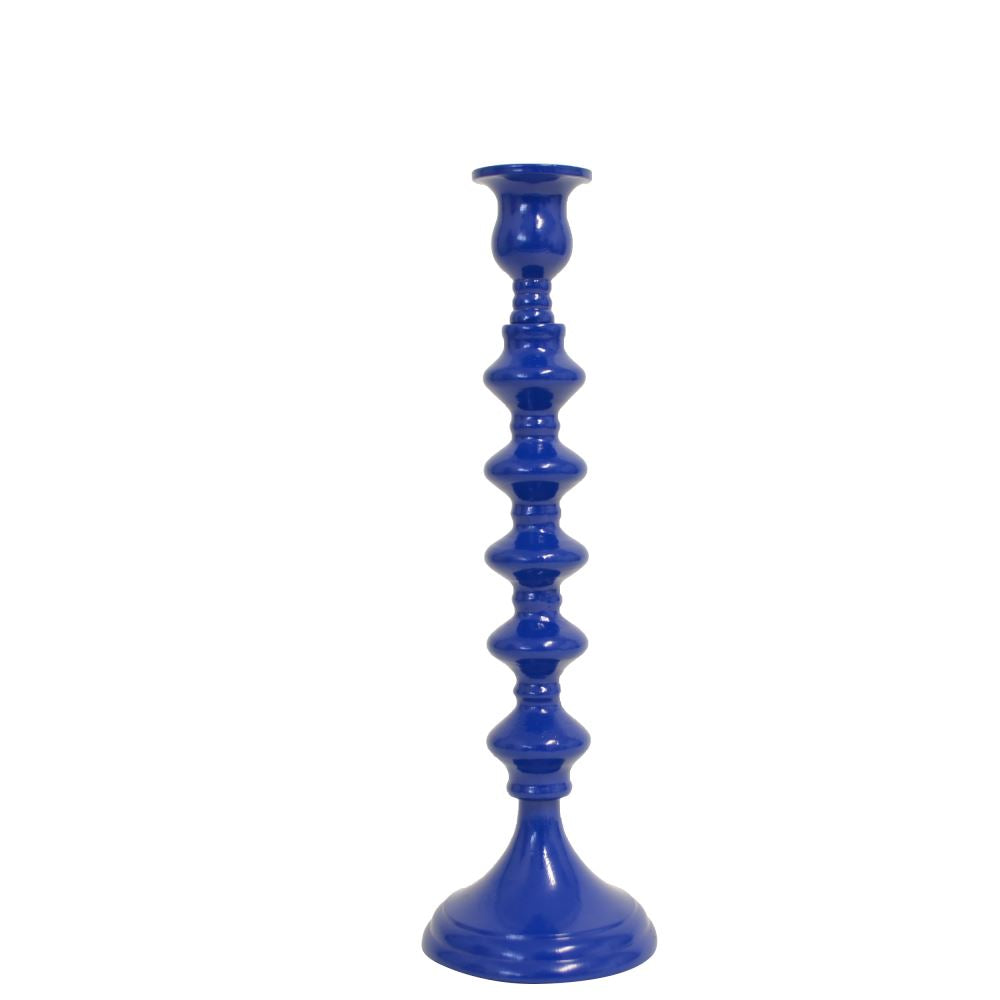 Stylish 30cm blue aluminium candle holder with intricate detailing, perfect for any home decor and ambiance enhancement.
