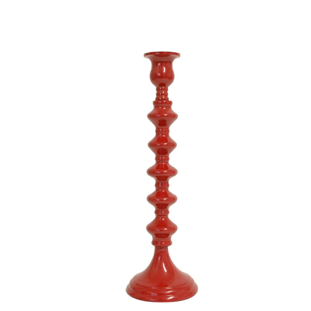 Vibrant 30cm red aluminium candle holder with intricate detailing, ideal for enhancing home decor and creating ambiance.