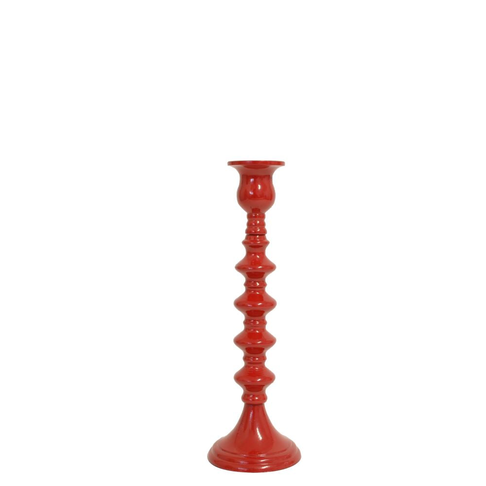 Red aluminium candle holder with intricate detailing, standing 24cm tall, perfect for elegant decor and candle displays.