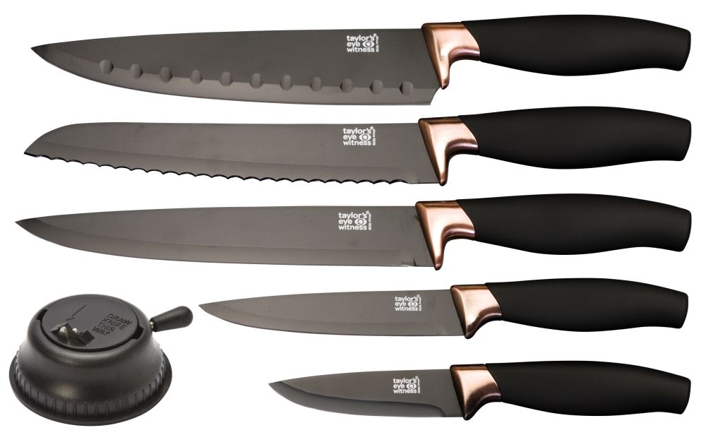 Taylors Brooklyn Press 5 Piece Knife Set with copper bolster, featuring sharp ceramic-coated blades and a bonus knife sharpener.