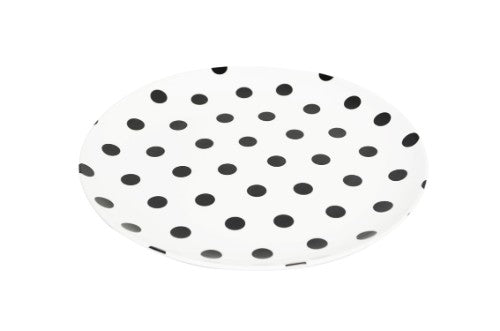 Set of 6 elegant black dot melamine plates, 20cm, durable and dishwasher safe for any dining occasion.