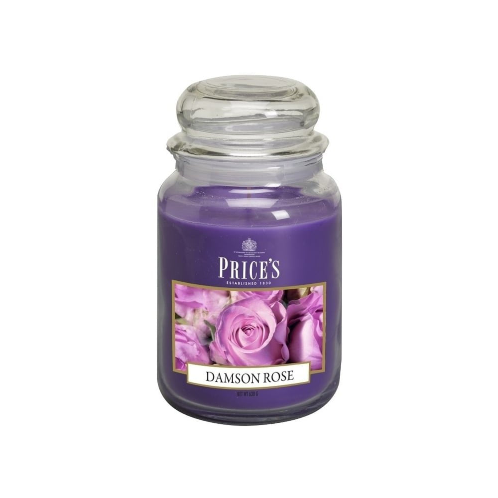 Prices Damson Rose Large Jar Candle, 175mm tall with 150-hour burn time, adds luxury and floral scent to home décor.