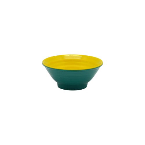 Set of 6 vibrant yellow and green Jab Mini Ripple Dip bowls, perfect for sauces and desserts, made from durable melamine.