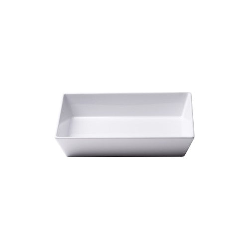 Elegant white rectangular melamine dish, 25 x 15 x 7 cm, scratch-resistant and dishwasher safe, ideal for all dining occasions.