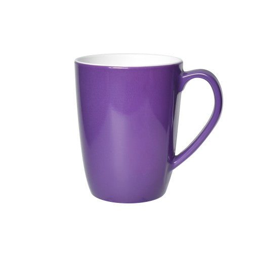 Set of 6 vibrant violet melamine mugs with porcelain-like finish, durable, dishwasher safe, ideal for hot beverages.