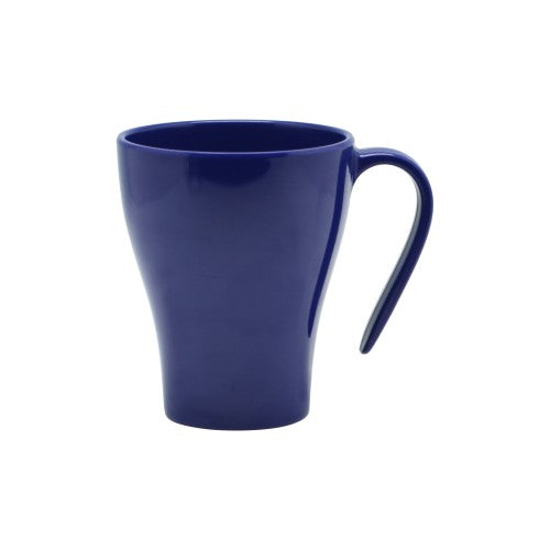Set of 6 solid navy melamine mugs, 330ml, durable, stackable, high luster finish, perfect for gelato and beverages.