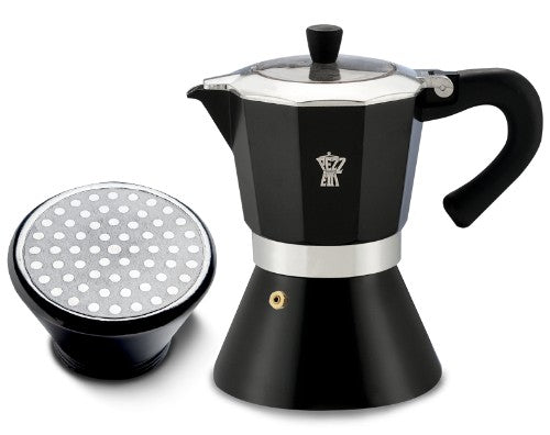 Pezzetti Bellexpress Coffee Maker in black, 3-cup stovetop brewer with iconic 8-sided design for optimal aroma extraction.