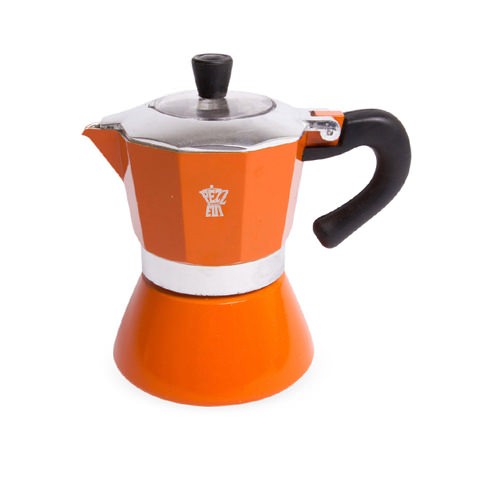 Pezzetti Bellexpress Coffee Maker in vibrant orange, featuring an 8-sided design for optimal heat diffusion and aroma enhancement.
