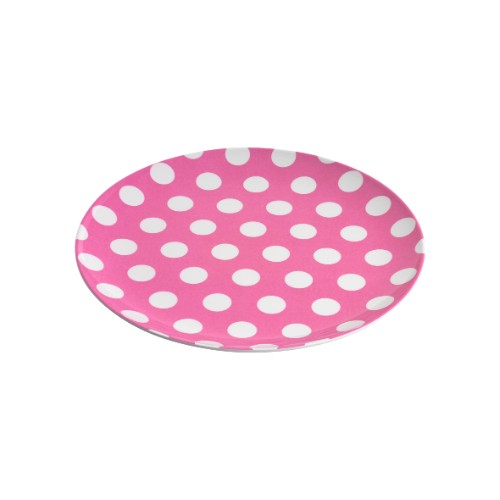 Set of 6 vibrant hot pink coupe plates with white dots, durable melamine, dishwasher safe, ideal for casual and special dining.