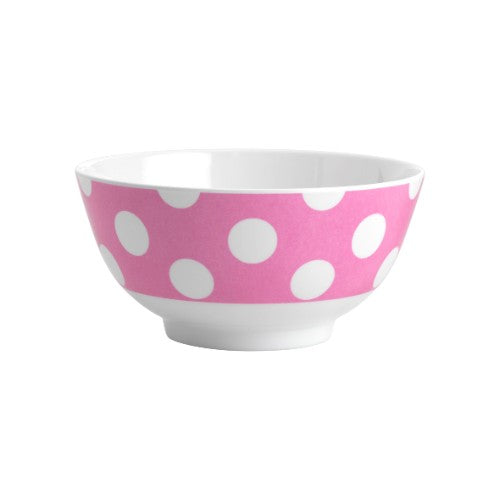 Set of 6 vibrant melamine bowls, 15cm, with white dots on hot pink, durable and dishwasher safe, ideal for any occasion.