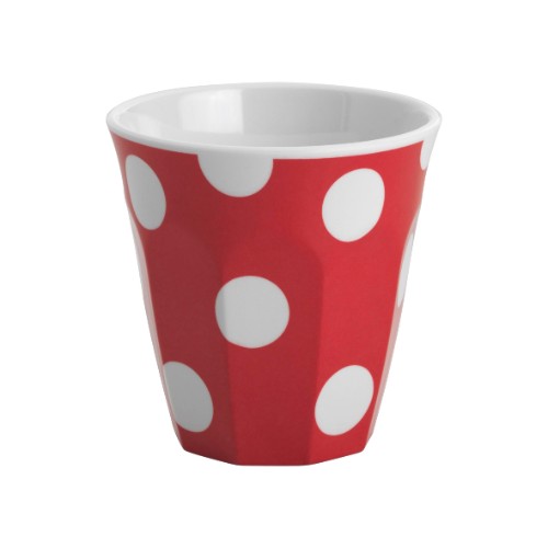 Set of 6 red melamine tumblers with white dots, ideal for hot and cold drinks, stylish and dishwasher safe.