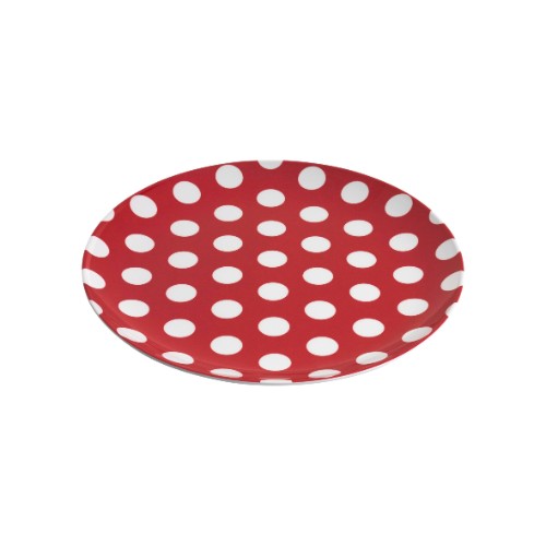 Set of 6 vibrant red melamine plates with white dots, perfect for stylish and durable dining experiences.