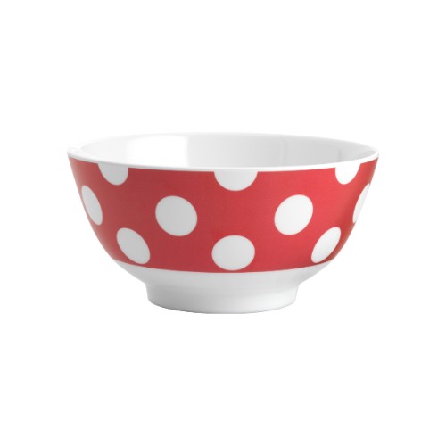 Set of 6 Jab bowls in red with white dots, stylish melamine design for durable dining experiences.