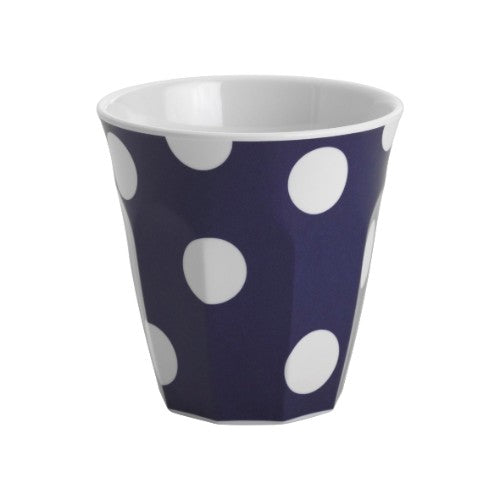 Set of 12 navy tumblers with white dots, perfect for casual and formal dining, made from durable, dishwasher-safe melamine.